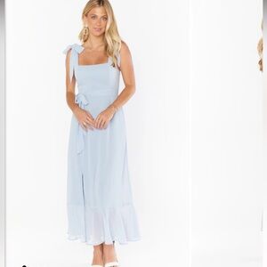 Show Me Your Mumu Claire Midi Dress Chiffon Steel Blue w/ ties